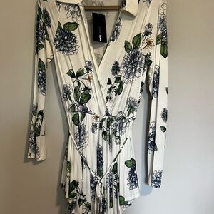 NWT - Fashion Nova Floral Wrap Romper in White and Green